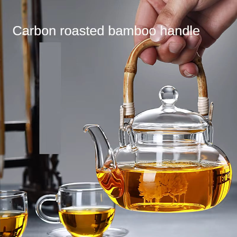 Bamboo Handle Beam Tea Pot Glass Teapot with Filter Heat Resistant Glass Teapot and Cup Set Pu Erh Puer Tea Brewing Kettle Pots