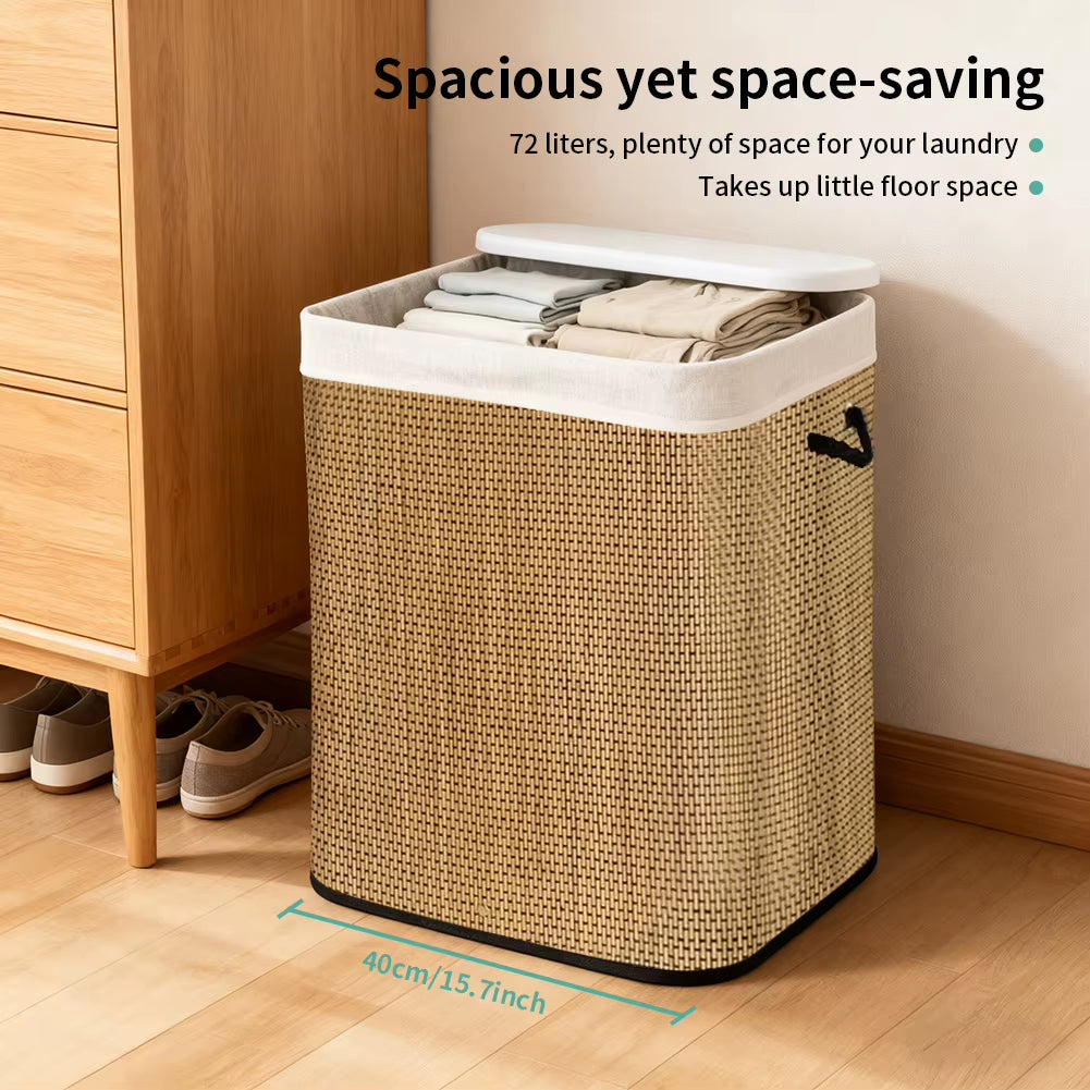 72 L Large Bamboo Foldable Laundry Basket Storage Hamper Box with Removable Washable Lining 40 X 30 X 60 Cm Space Saving