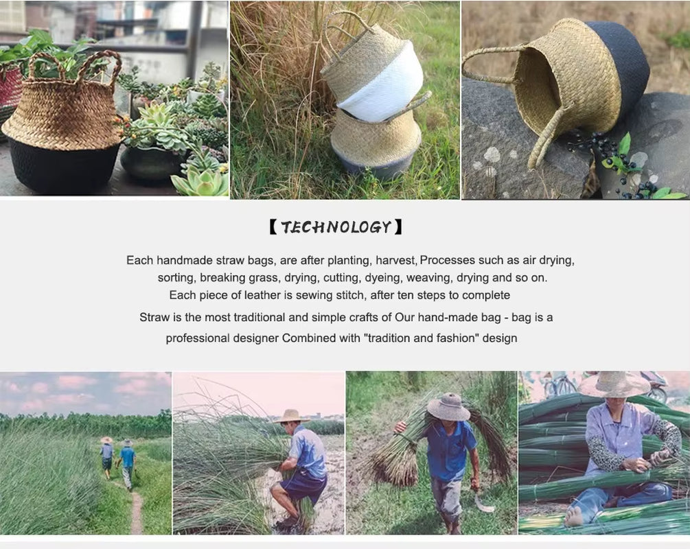 Handmade Bamboo Storage Baskets Foldable Laundry Straw Patchwork Wicker Rattan Seagrass Belly Garden Flower Pot Planter Basket