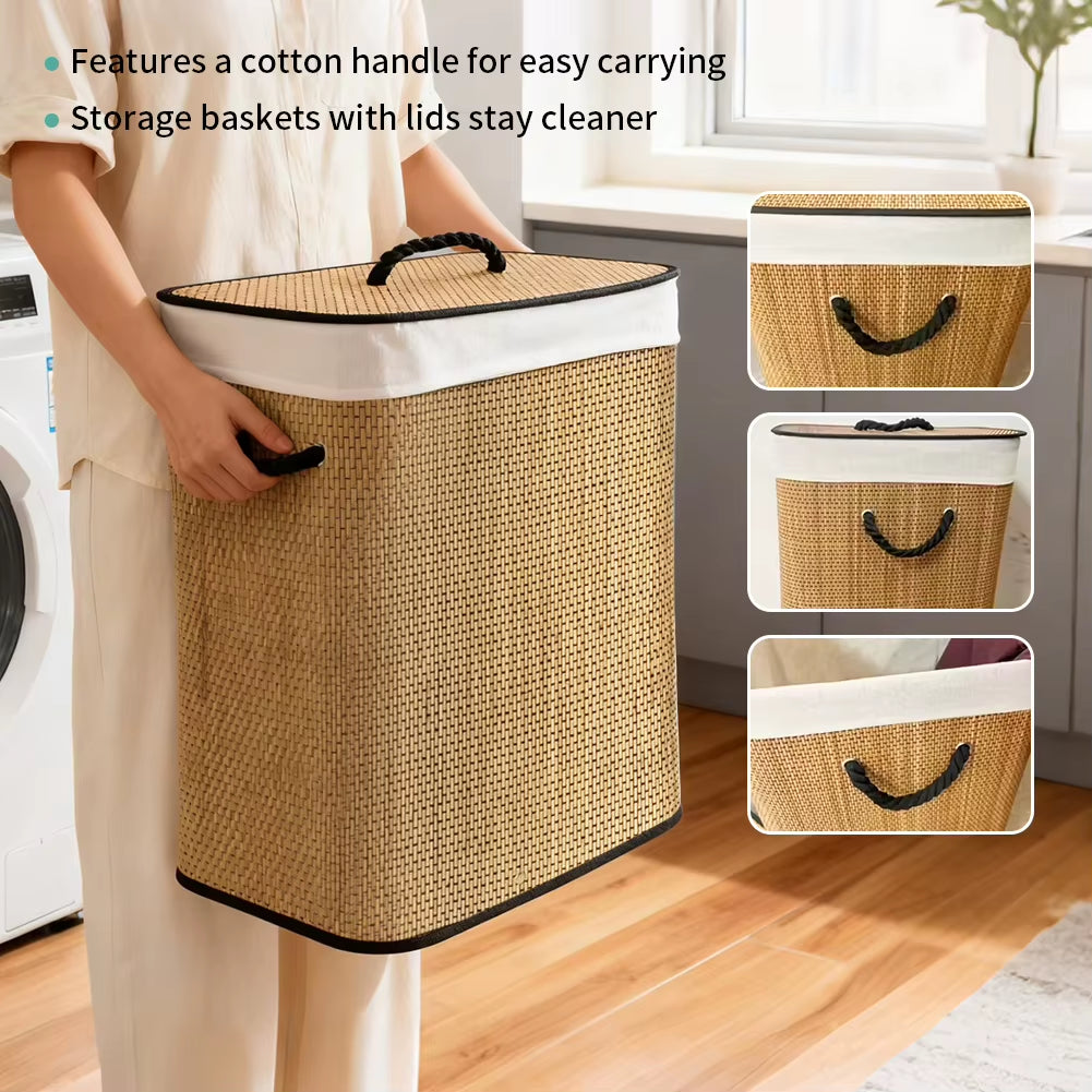 72 L Large Bamboo Foldable Laundry Basket Storage Hamper Box with Removable Washable Lining 40 X 30 X 60 Cm Space Saving
