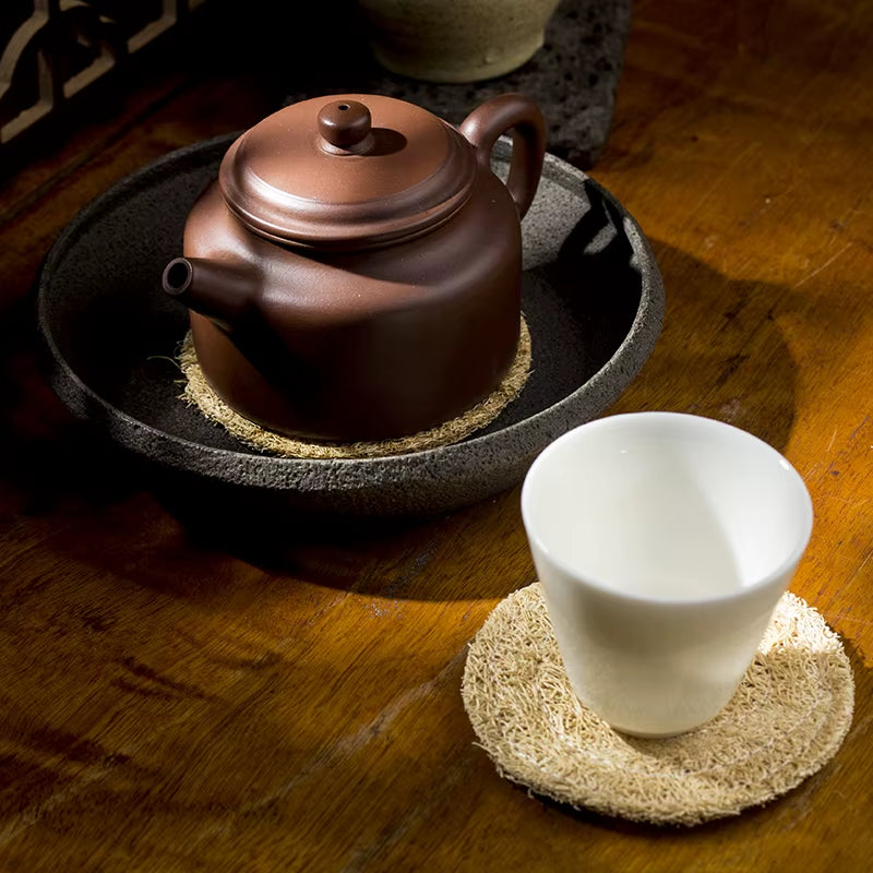 Tea Coaster round Eco-Friendly Natural Loofah Fiber Absorbent Non-Slip Heat Insulation Mat for Kung Fu Tea Table Set 3 Pack/8Cm