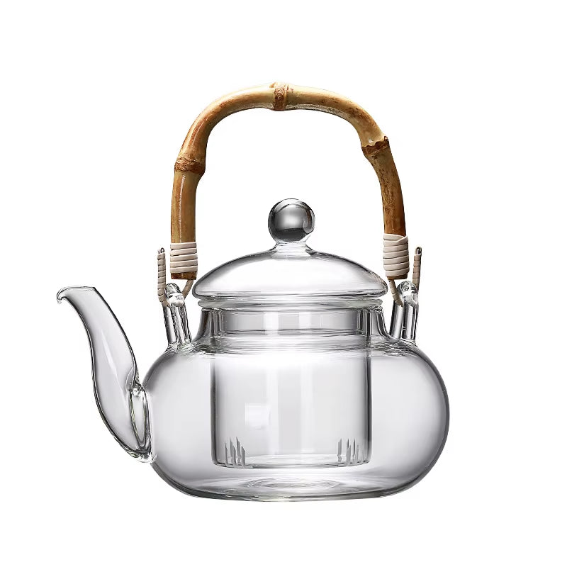 Bamboo Handle Beam Tea Pot Glass Teapot with Filter Heat Resistant Glass Teapot and Cup Set Pu Erh Puer Tea Brewing Kettle Pots