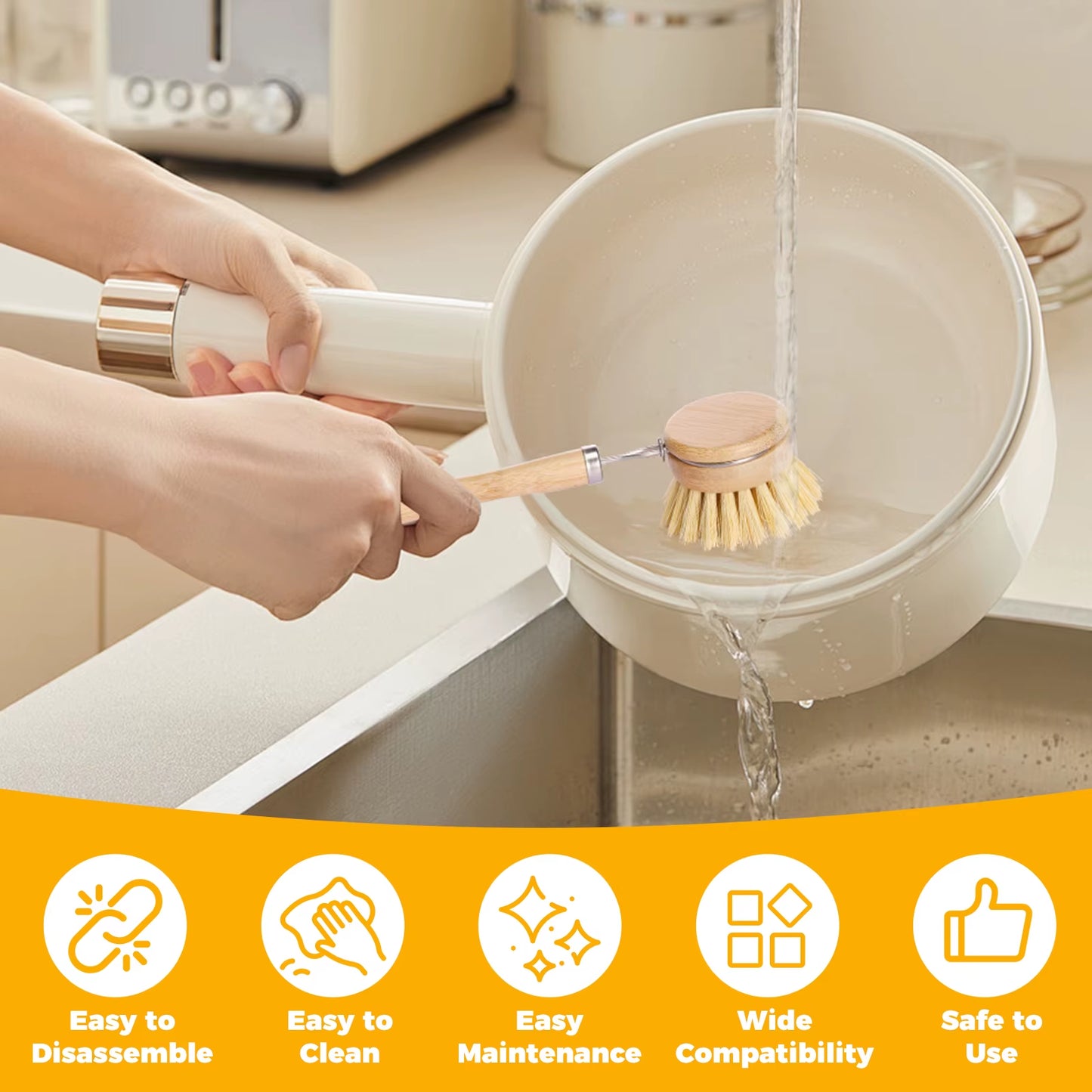 4/5Pcs Bamboo Dish Brush Set Pot Cleaning Brush Long Handle Kitchen Dishes Scrubber Strong Decontamination Rust Removal Utensils