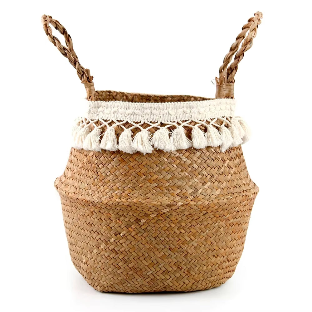 Handmade Bamboo Storage Baskets Foldable Laundry Straw Patchwork Wicker Rattan Seagrass Belly Garden Flower Pot Planter Basket