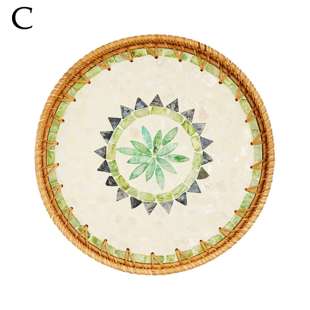 Decorative round Rattan Serving Tray with Mother of Pearl Inlay, Hand Woven Mosaic Tray for Snacks Fruit Cake Coffee Table Decor