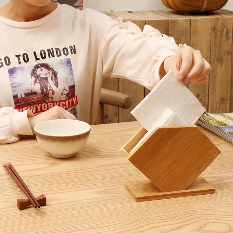 Natural Bamboo Tissue Box Cube Fan Shaped Napkin Holder for Home Kitchen Dining Table Paper Towel Storage Rack