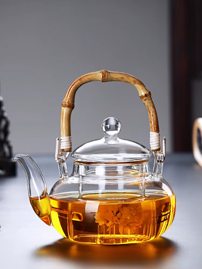 Bamboo Handle Beam Tea Pot Glass Teapot with Filter Heat Resistant Glass Teapot and Cup Set Pu Erh Puer Tea Brewing Kettle Pots