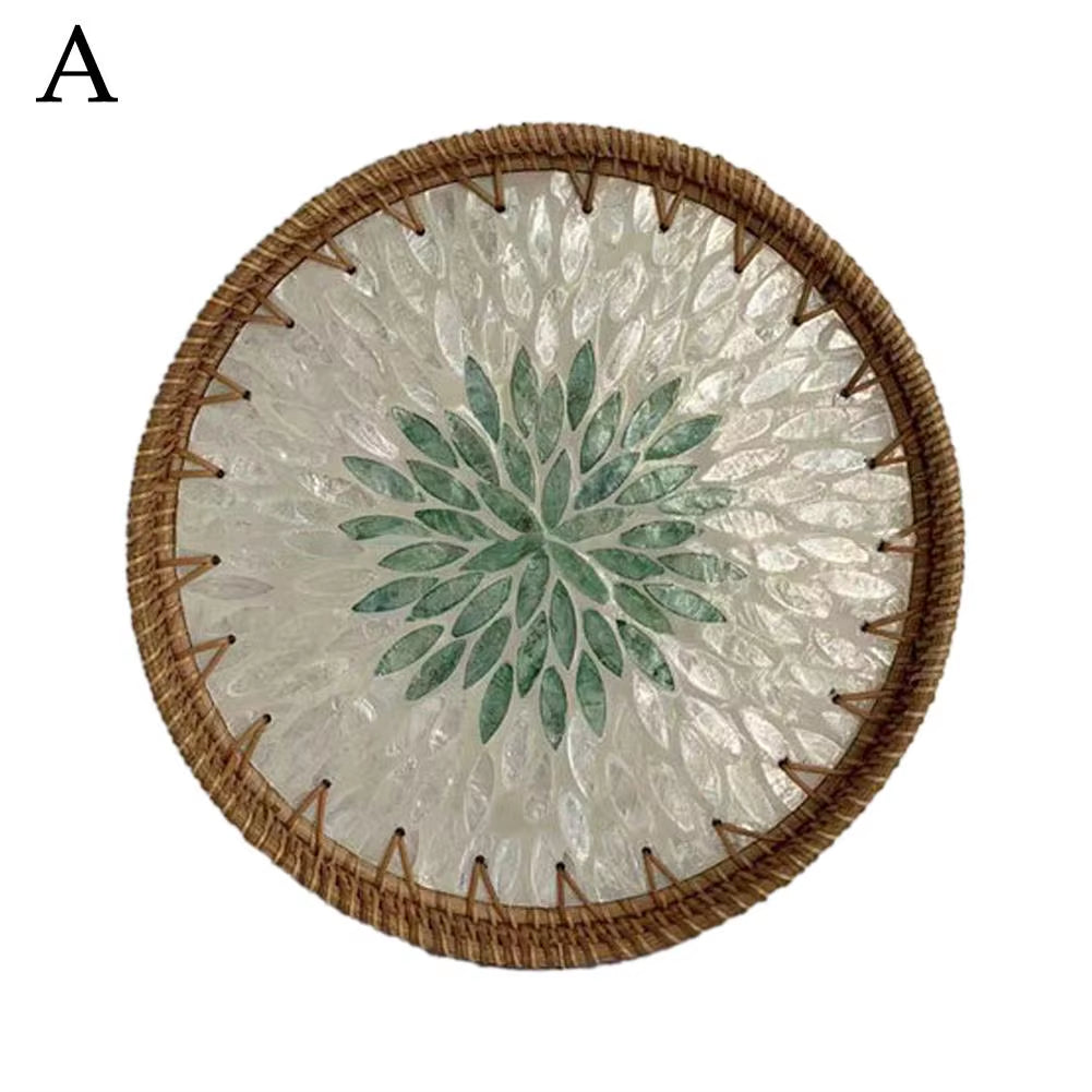 Decorative round Rattan Serving Tray with Mother of Pearl Inlay, Hand Woven Mosaic Tray for Snacks Fruit Cake Coffee Table Decor