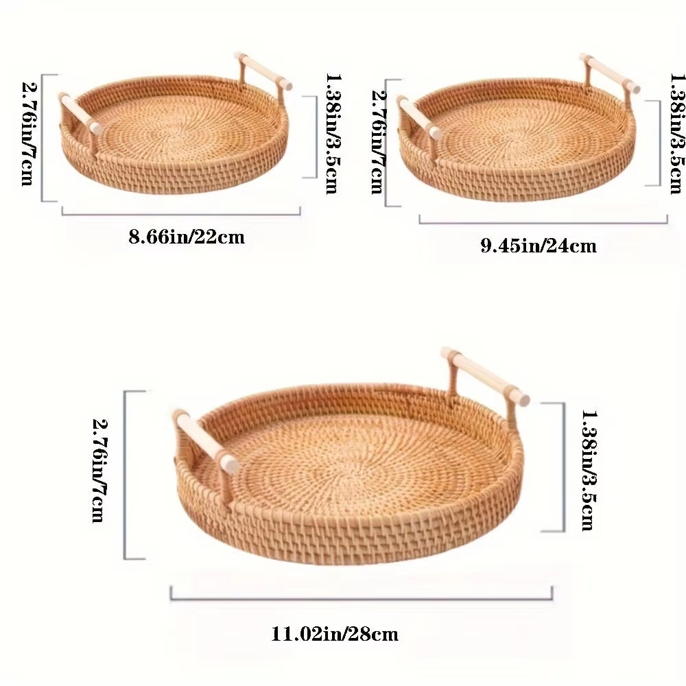 Handwoven Rattan Tray & Food Storage Basket | Eco-Friendly Kitchen Organizer with Lid, Farmhouse Home Decor