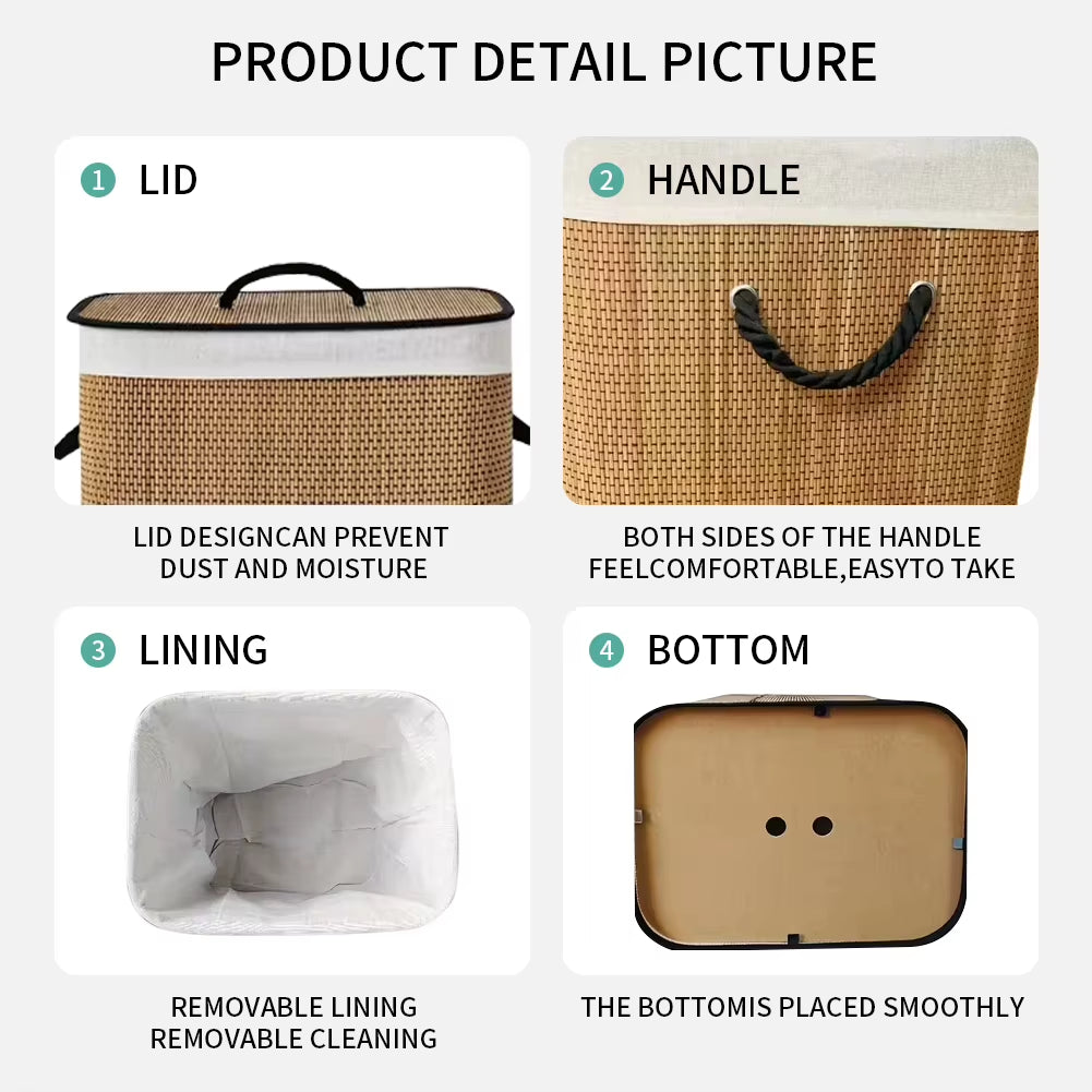 72 L Large Bamboo Foldable Laundry Basket Storage Hamper Box with Removable Washable Lining 40 X 30 X 60 Cm Space Saving