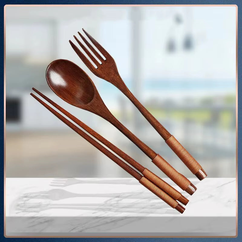 1Pc Wooden Chopsticks Fork Spoon Three-Piece Set Twine Japanese-Style Tableware Kitchen Home Chopsticks Fork Spoon Cutlery Set