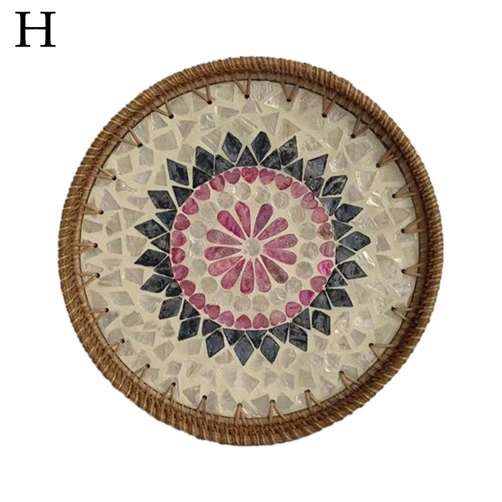 Decorative round Rattan Serving Tray with Mother of Pearl Inlay, Hand Woven Mosaic Tray for Snacks Fruit Cake Coffee Table Decor