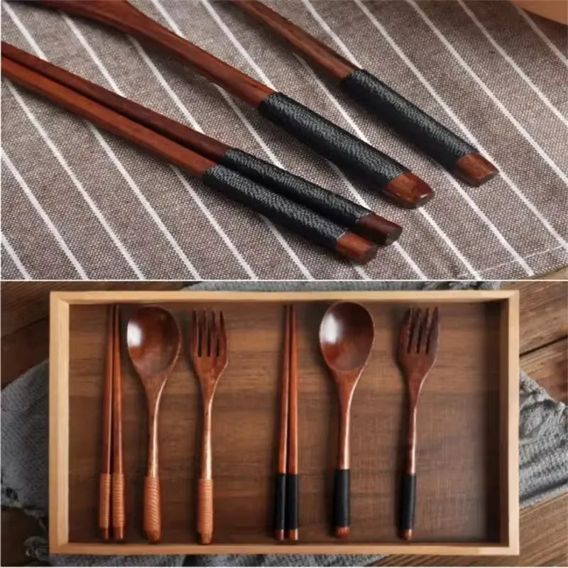 3 Piece Set Stainless Steel Cutlery Wooden Tableware Coffees and Teas Tableware Forks Spoon Korean Plates Dinner Sets Chopsticks