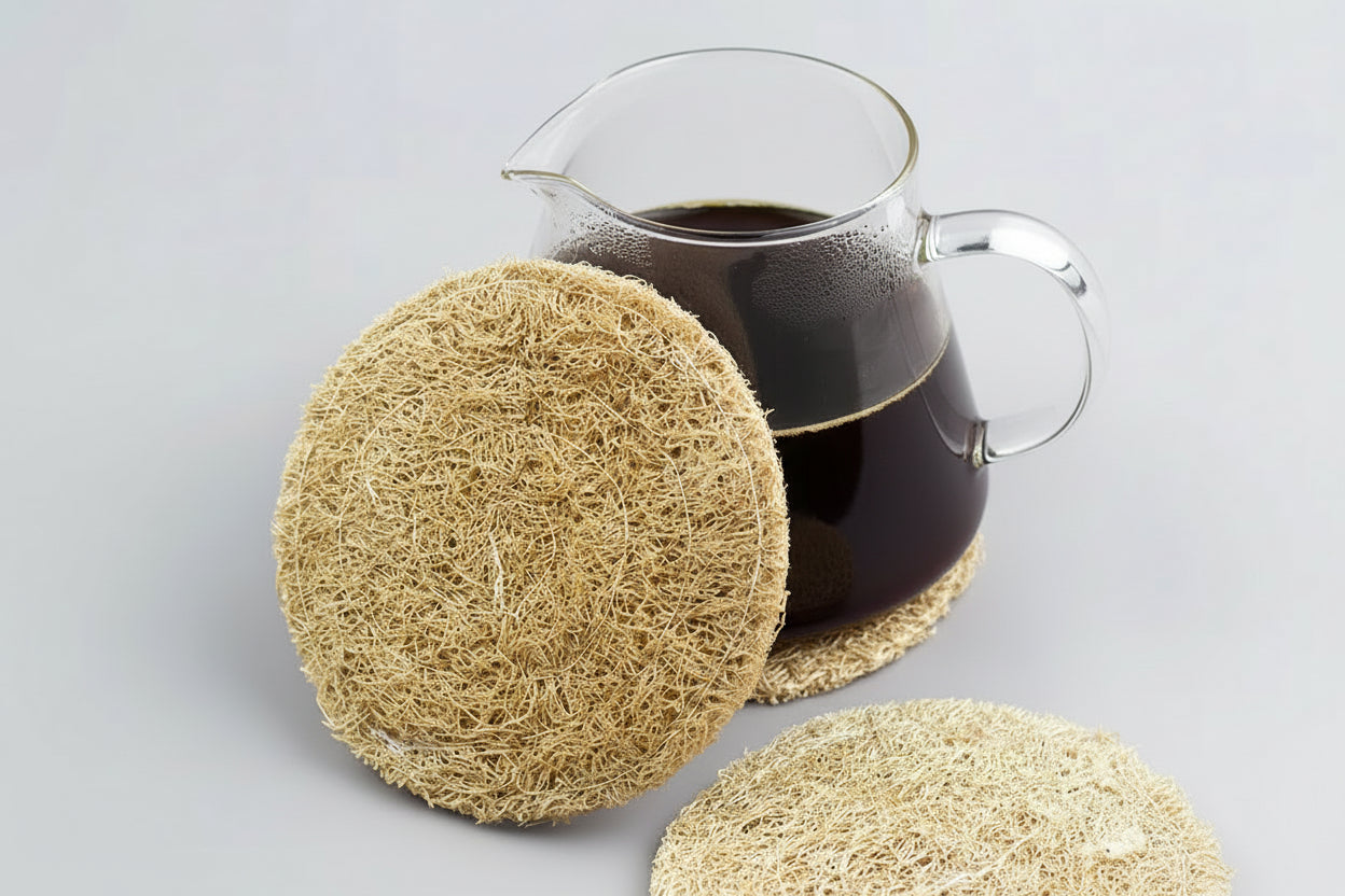 Tea Coaster round Eco-Friendly Natural Loofah Fiber Absorbent Non-Slip Heat Insulation Mat for Kung Fu Tea Table Set 3 Pack/8Cm