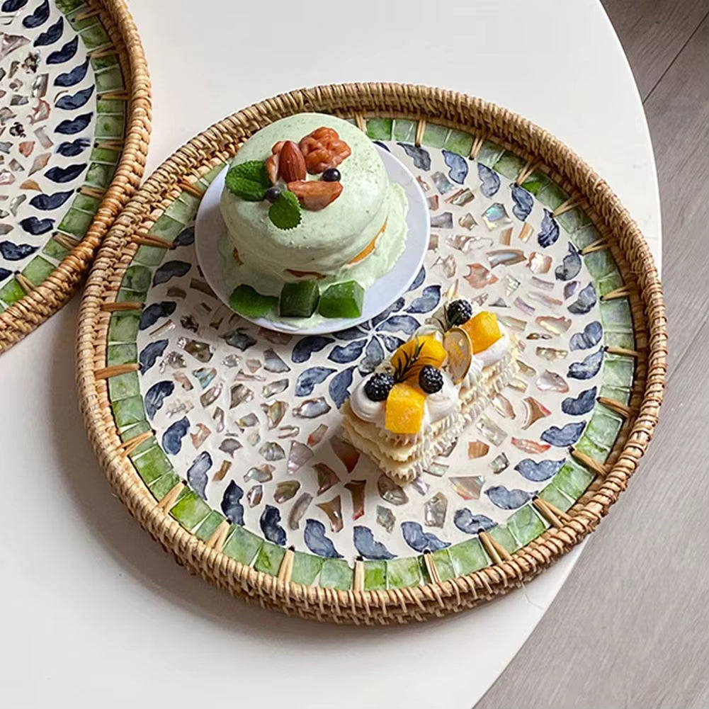 Decorative round Rattan Serving Tray with Mother of Pearl Inlay, Hand Woven Mosaic Tray for Snacks Fruit Cake Coffee Table Decor