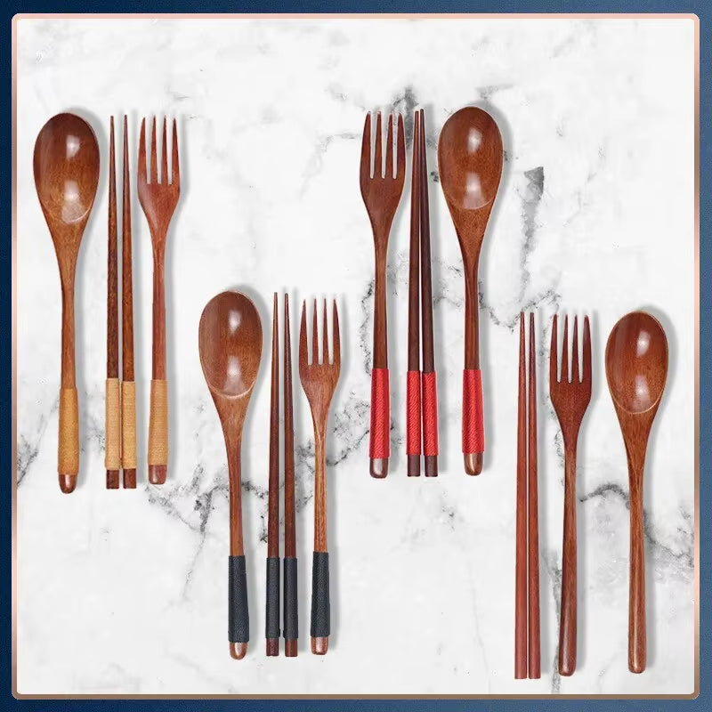1Pc Wooden Chopsticks Fork Spoon Three-Piece Set Twine Japanese-Style Tableware Kitchen Home Chopsticks Fork Spoon Cutlery Set