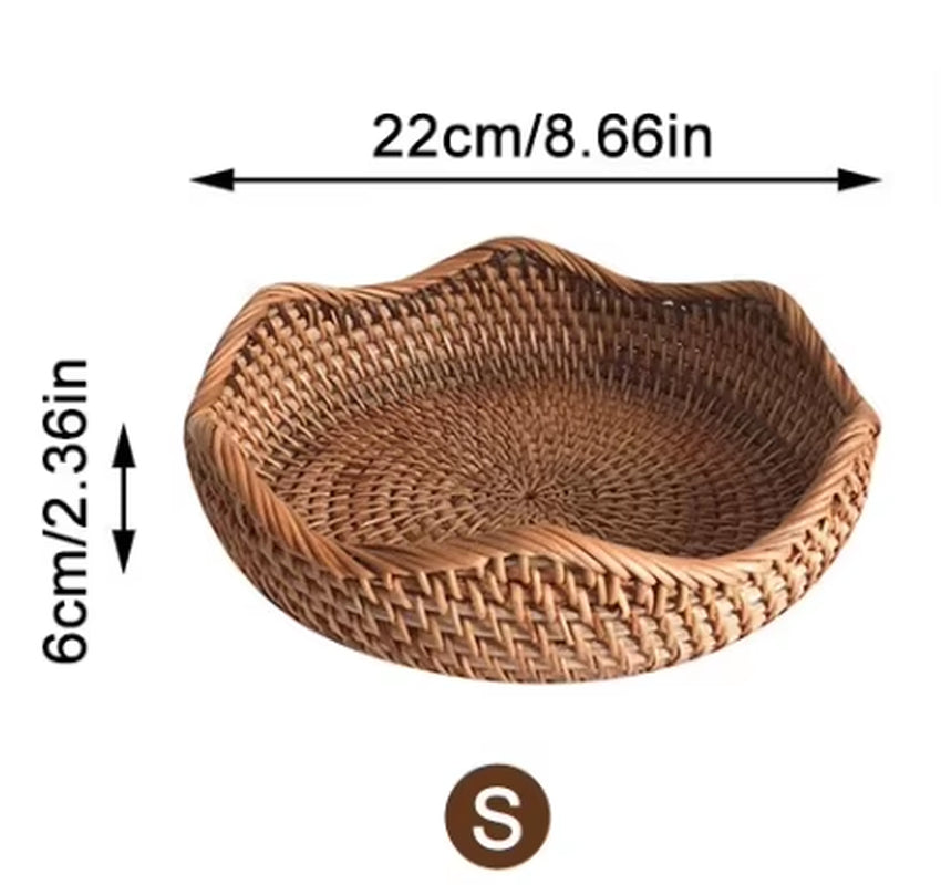 Hand-Woven Storage Basket Rattan Storage Tray Wicker Basket Bread Fruit Food Breakfast Picnic Basket Kitchen Storage Basket