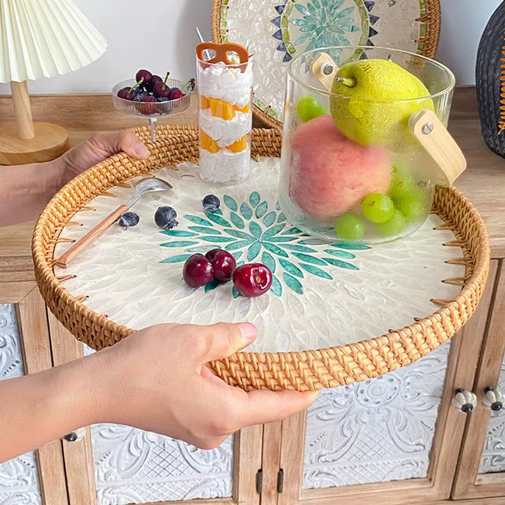 Decorative round Rattan Serving Tray with Mother of Pearl Inlay, Hand Woven Mosaic Tray for Snacks Fruit Cake Coffee Table Decor
