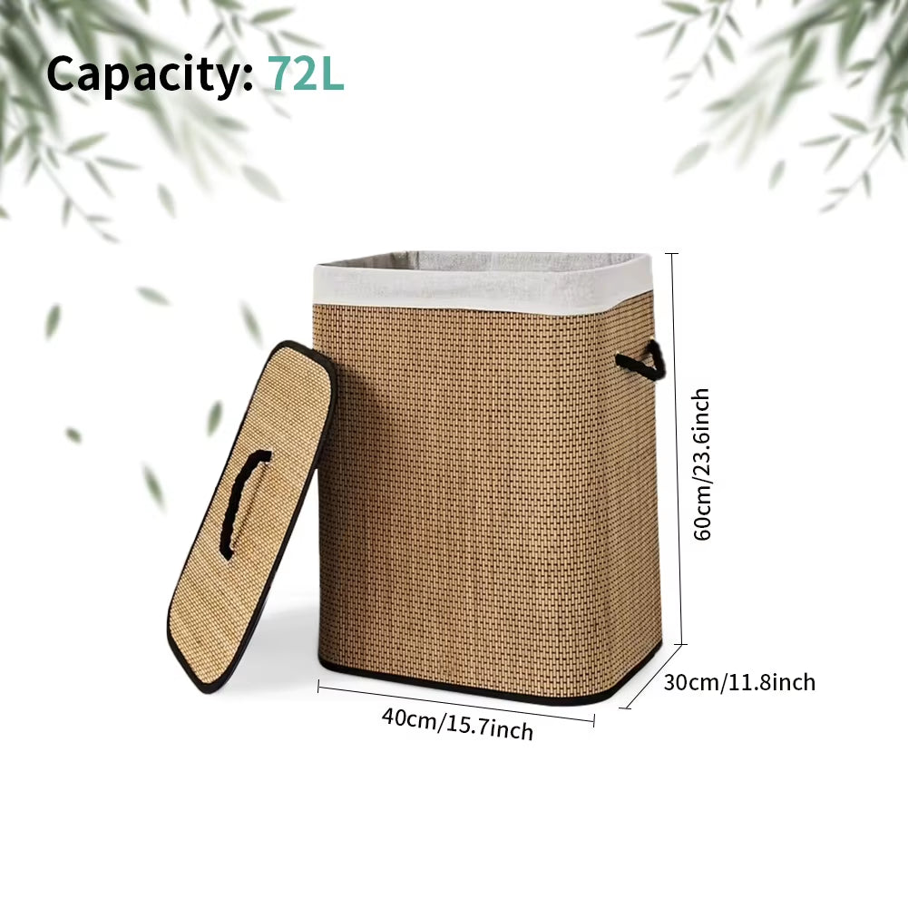 72 L Large Bamboo Foldable Laundry Basket Storage Hamper Box with Removable Washable Lining 40 X 30 X 60 Cm Space Saving
