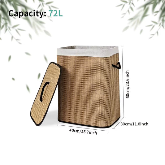 72 L Large Bamboo Foldable Laundry Basket Storage Hamper Box with Removable Washable Lining 40 X 30 X 60 Cm Space Saving