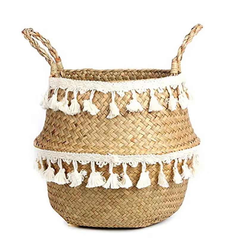 Handmade Bamboo Storage Baskets Foldable Laundry Straw Patchwork Wicker Rattan Seagrass Belly Garden Flower Pot Planter Basket