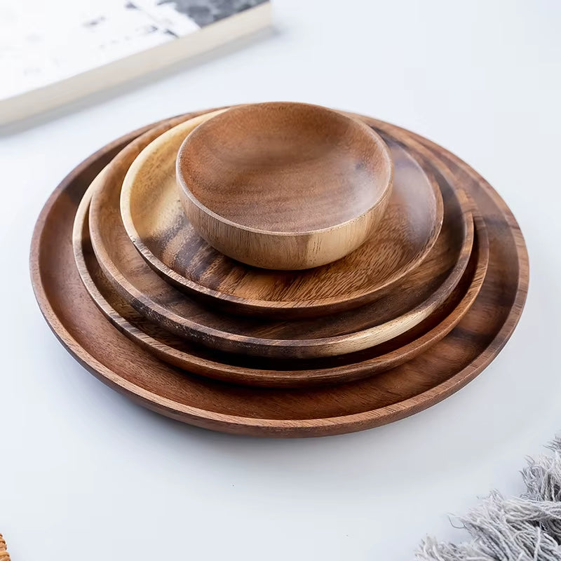 Wooden Dinner Plates Household round Coffee Tray Solid Wood Tea Saucer Ins Japanese Style Dim Sum for Food Snack Dishs