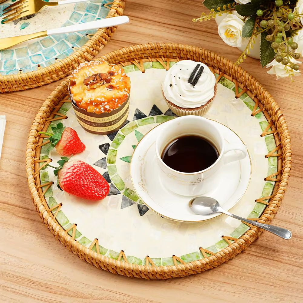 Decorative round Rattan Serving Tray with Mother of Pearl Inlay, Hand Woven Mosaic Tray for Snacks Fruit Cake Coffee Table Decor