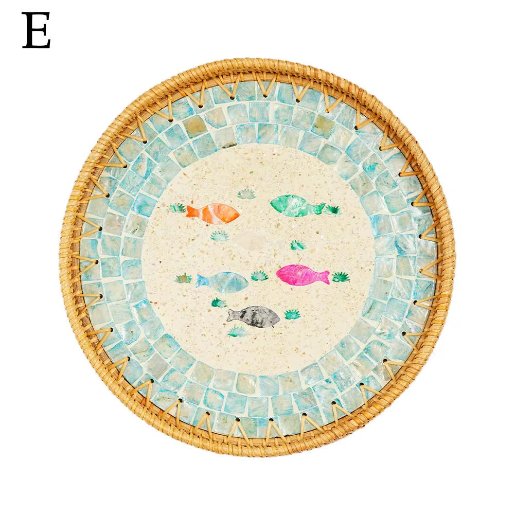 Decorative round Rattan Serving Tray with Mother of Pearl Inlay, Hand Woven Mosaic Tray for Snacks Fruit Cake Coffee Table Decor