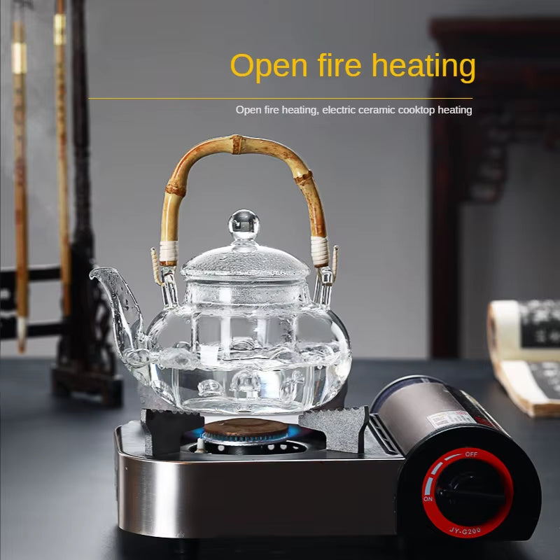 Bamboo Handle Beam Tea Pot Glass Teapot with Filter Heat Resistant Glass Teapot and Cup Set Pu Erh Puer Tea Brewing Kettle Pots