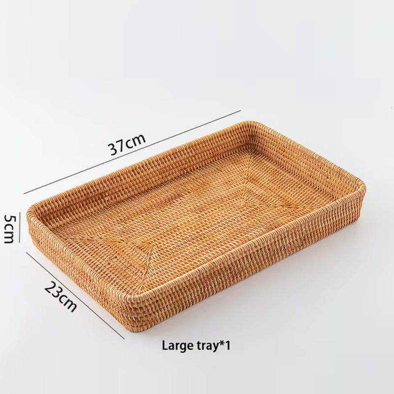 Hand-Woven Storage Basket Rattan Storage Tray Wicker Basket Bread Fruit Food Breakfast Picnic Basket Kitchen Storage Basket