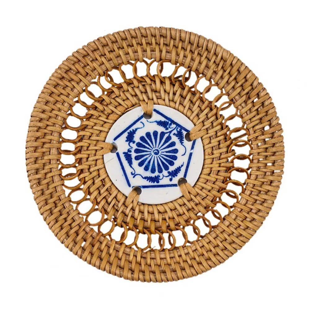 Woven Drink Coaster Heat Rattan Cup Holder Blue/White Porcelain Pad Natural Straw Insulation Pot Holder Mat Table Placemat