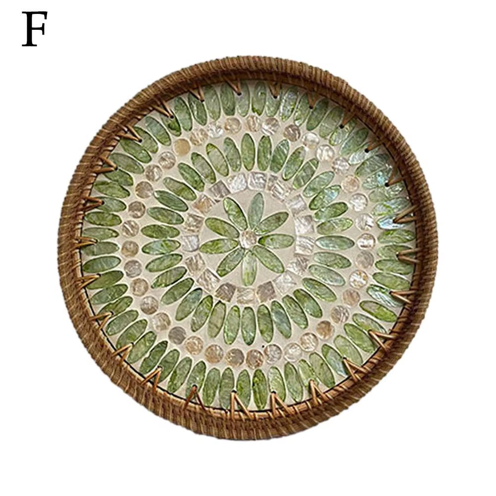 Decorative round Rattan Serving Tray with Mother of Pearl Inlay, Hand Woven Mosaic Tray for Snacks Fruit Cake Coffee Table Decor