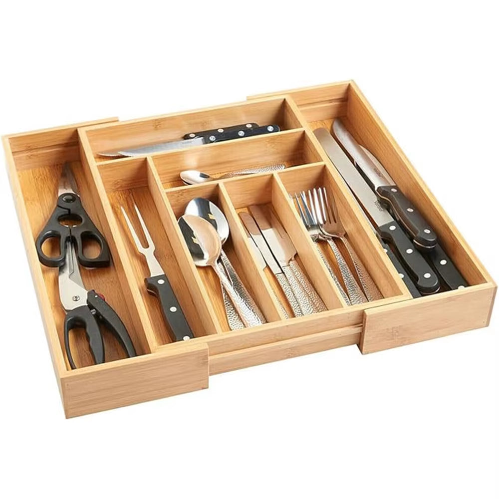 Wooden Bamboo Cutlery Tray,Kitchen Drawer Insert Large 6-8 Compartments, Utensil Holder Rack Organizer,For Home Office