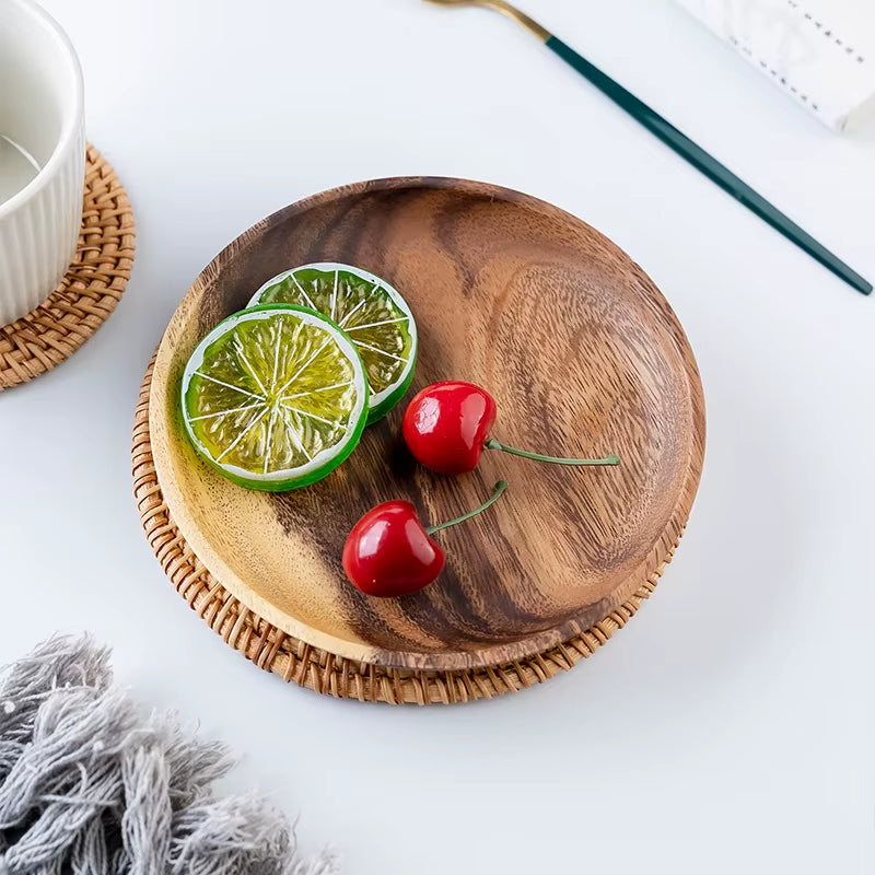 Wooden Dinner Plates Household round Coffee Tray Solid Wood Tea Saucer Ins Japanese Style Dim Sum for Food Snack Dishs