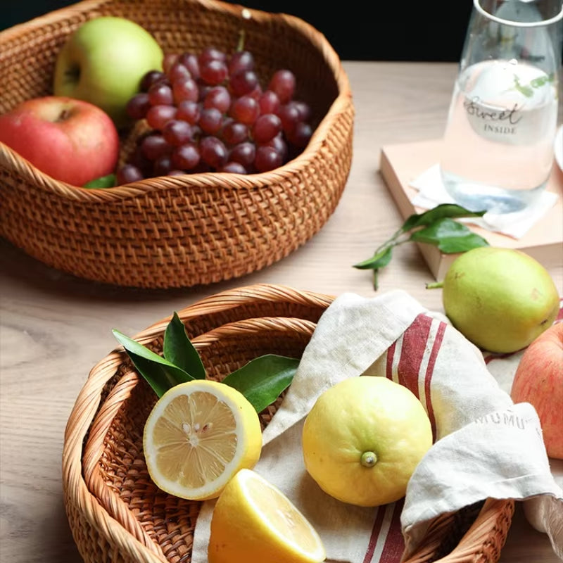 Hand-Woven Storage Basket Rattan Storage Tray Wicker Basket Bread Fruit Food Breakfast Picnic Basket Kitchen Storage Basket