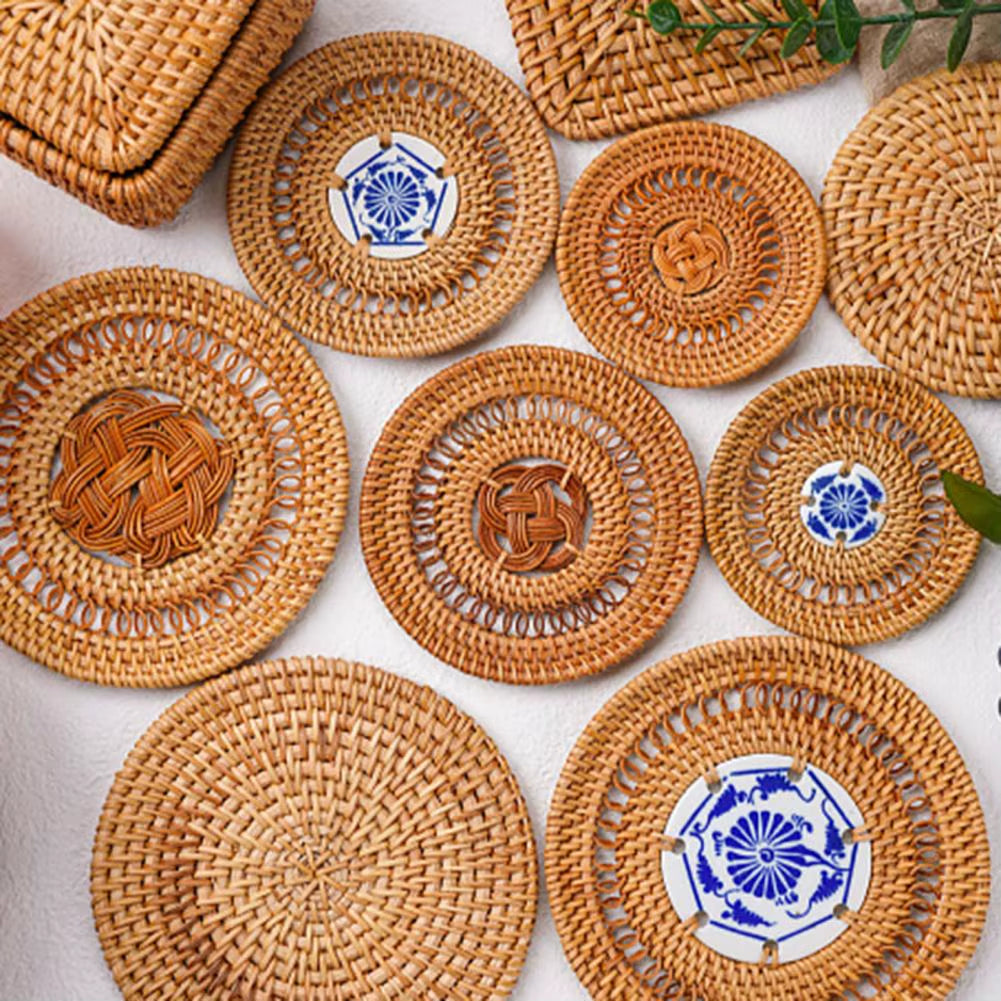 Woven Drink Coaster Heat Rattan Cup Holder Blue/White Porcelain Pad Natural Straw Insulation Pot Holder Mat Table Placemat