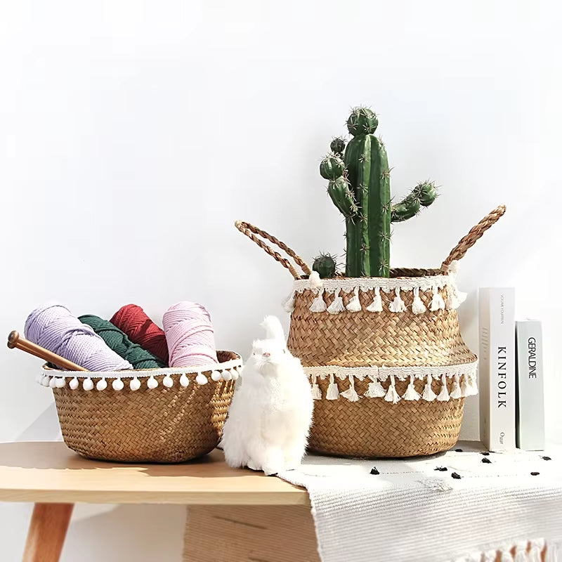 Handmade Bamboo Storage Baskets Foldable Laundry Straw Patchwork Wicker Rattan Seagrass Belly Garden Flower Pot Planter Basket