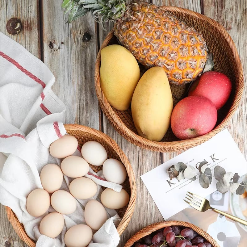 Hand-Woven Storage Basket Rattan Storage Tray Wicker Basket Bread Fruit Food Breakfast Picnic Basket Kitchen Storage Basket