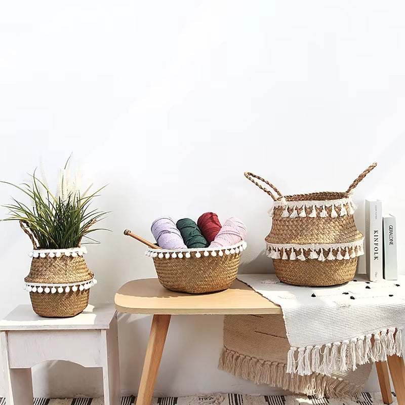 Handmade Bamboo Storage Baskets Foldable Laundry Straw Patchwork Wicker Rattan Seagrass Belly Garden Flower Pot Planter Basket
