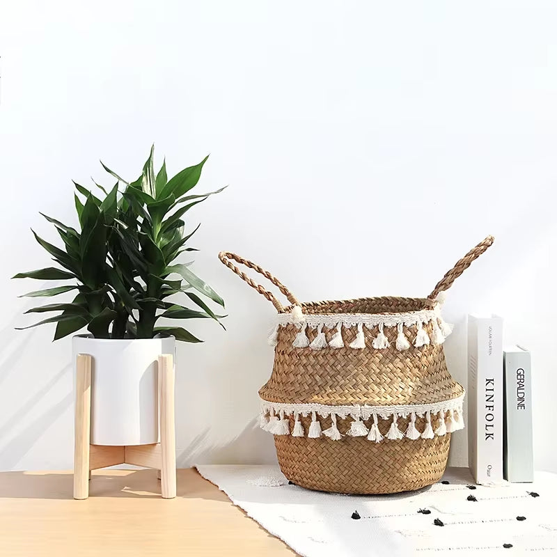 Handmade Bamboo Storage Baskets Foldable Laundry Straw Patchwork Wicker Rattan Seagrass Belly Garden Flower Pot Planter Basket