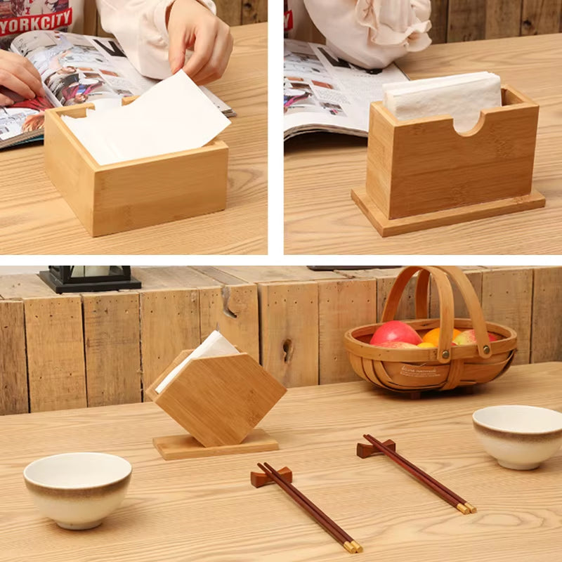 Natural Bamboo Tissue Box Cube Fan Shaped Napkin Holder for Home Kitchen Dining Table Paper Towel Storage Rack