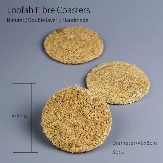 Tea Coaster round Eco-Friendly Natural Loofah Fiber Absorbent Non-Slip Heat Insulation Mat for Kung Fu Tea Table Set 3 Pack/8Cm