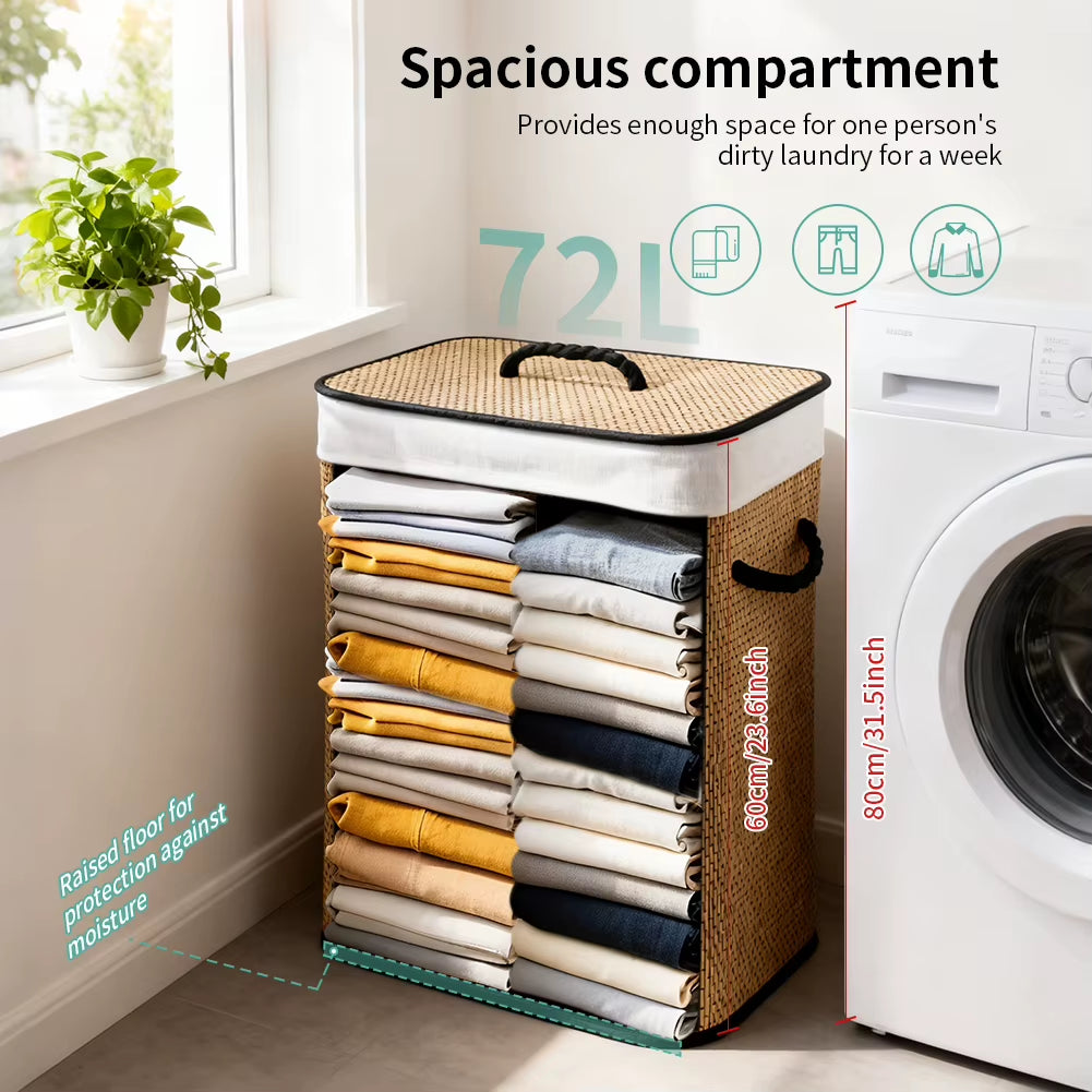 72 L Large Bamboo Foldable Laundry Basket Storage Hamper Box with Removable Washable Lining 40 X 30 X 60 Cm Space Saving