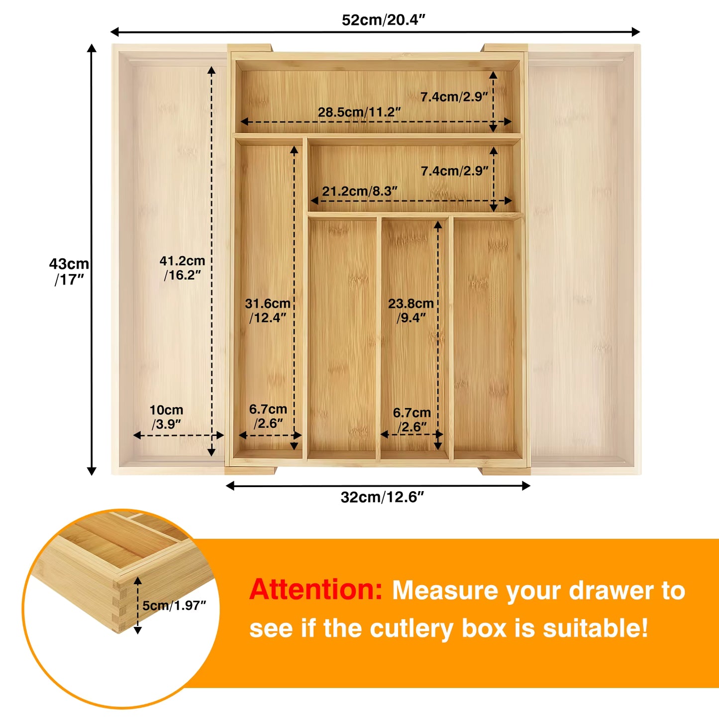 Wooden Bamboo Cutlery Tray,Kitchen Drawer Insert Large 6-8 Compartments, Utensil Holder Rack Organizer,For Home Office