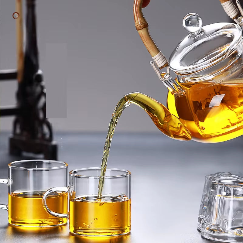 Bamboo Handle Beam Tea Pot Glass Teapot with Filter Heat Resistant Glass Teapot and Cup Set Pu Erh Puer Tea Brewing Kettle Pots