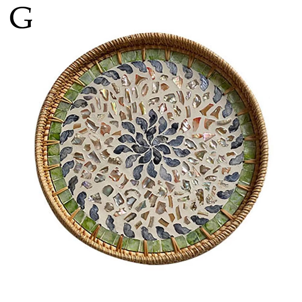 Decorative round Rattan Serving Tray with Mother of Pearl Inlay, Hand Woven Mosaic Tray for Snacks Fruit Cake Coffee Table Decor