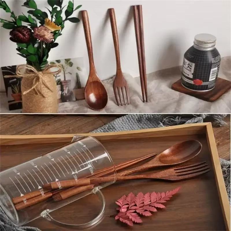 3 Piece Set Stainless Steel Cutlery Wooden Tableware Coffees and Teas Tableware Forks Spoon Korean Plates Dinner Sets Chopsticks