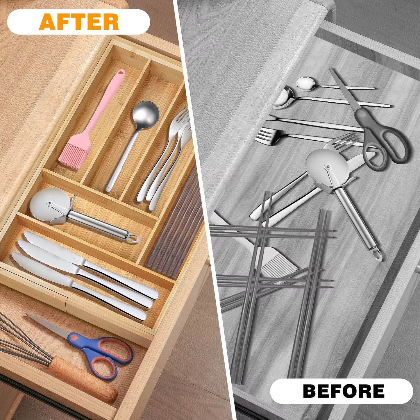 Wooden Bamboo Cutlery Tray,Kitchen Drawer Insert Large 6-8 Compartments, Utensil Holder Rack Organizer,For Home Office