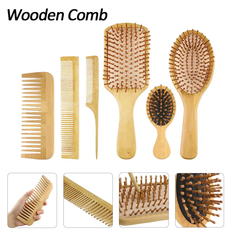 Bamboo Wooden Hair Brush Massage Comb Scalp Massager for Hair Growth Anti-Static Straightening Brush Soft Beard Baby Beech Brush