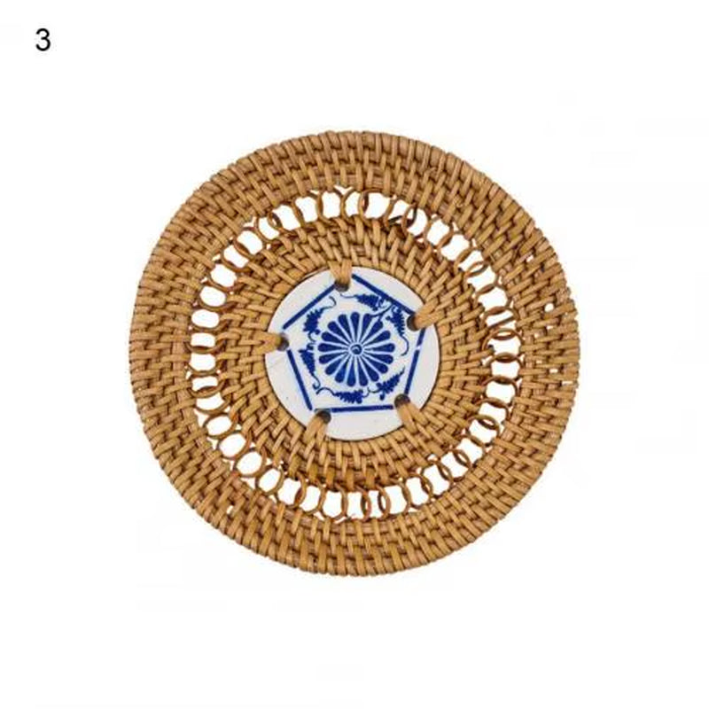 Woven Drink Coaster Heat Rattan Cup Holder Blue/White Porcelain Pad Natural Straw Insulation Pot Holder Mat Table Placemat
